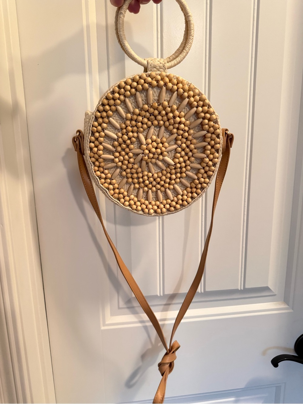 Beaded Round Crossbody Bag - Natural Beige